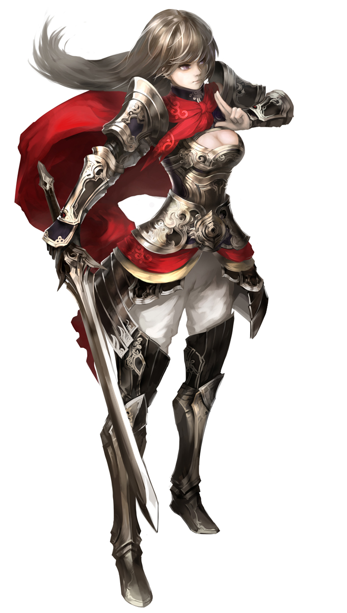 armor, breasts, brown_hair, cape, cleavage_cutout, copyright_request, highres, naturaljuice