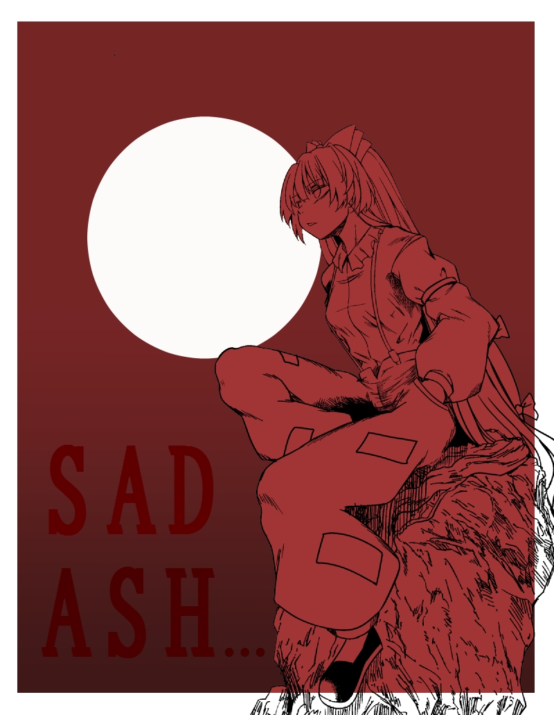 english, fujiwara_no_mokou, full_body, full_moon, hand_in_pocket, hands_in_pockets, long_sleeves, monochrome