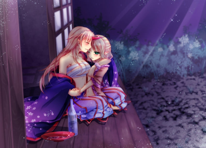amagumo, arm_around_neck, bare_shoulders, barefoot, blonde_hair, bottle, budget_sarashi, closed_eyes