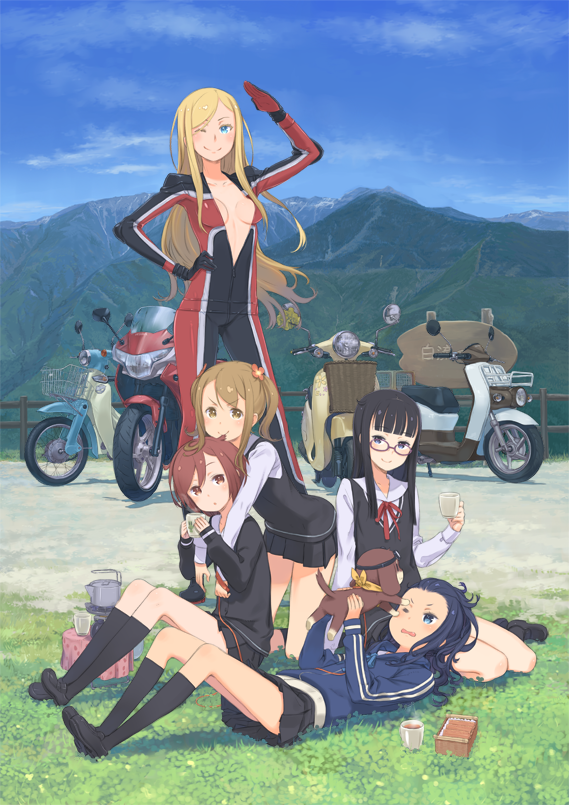 >:), ;), arm_up, bessho_anri, bikesuit, black_hair, blonde_hair, blue_eyes, bodysuit, breasts, brown_background, brown_hair, cup, cynthia_b_rogers, cythnia_b_rogers, dog, glasses, goggles, goggles_on_head, grass, holding, kaburagi_sayo, kuroboshi_kouhaku, long_hair, long_legs, looking_at_viewer, lying, maezono_rie, motor_vehicle, motorcycle, mountain, multiple_girls, official_art, on_back, one_off, pleated_skirt, red_eyes, school_uniform, shiozaki_haruno, skirt, smile, solo, standing, tall, track_jacket, twintails, vehicle, wink, zipper