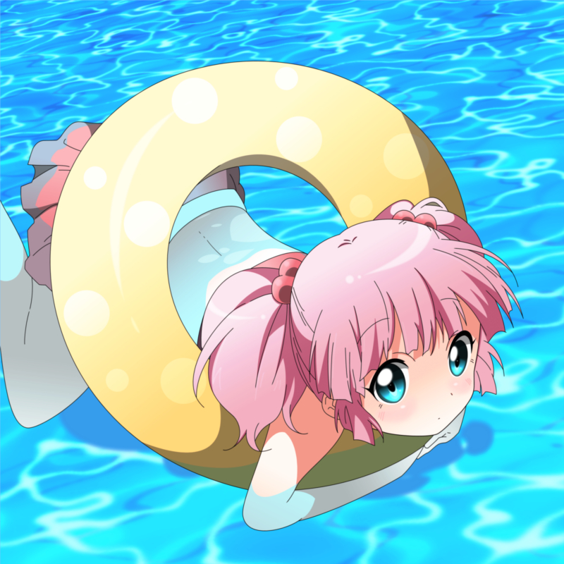 1girl, blue_eyes, derivative_work, dogakobo, hair_bobbles, hair_ornament, ichijinsha, innertube