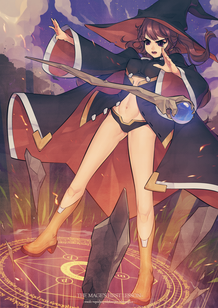 boots, brown_hair, cape, dress, highres, magic, magic_circle, open_clothes, original, panties, purple_eyes, sam_gelua, staff, twintails, underwear, violet_eyes, witch