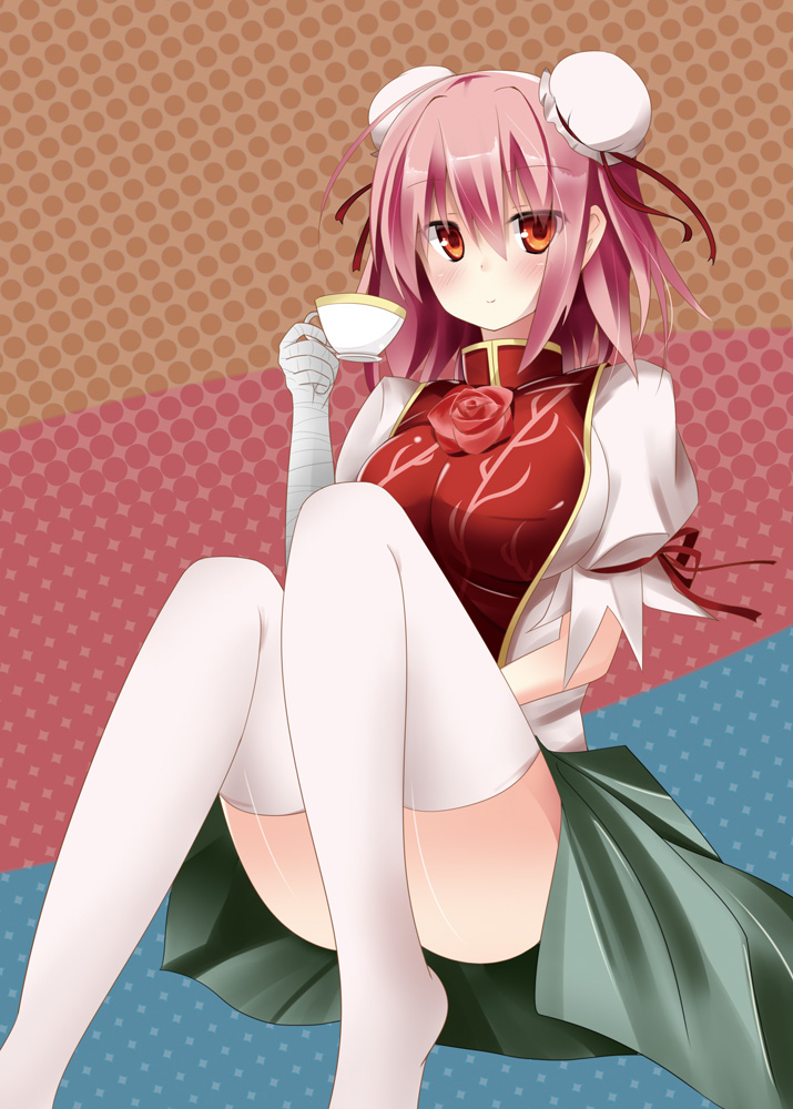 blush, breasts, cup, double_bun, flower, ibaraki_kasen, kouzuki_fukurou, large_breasts