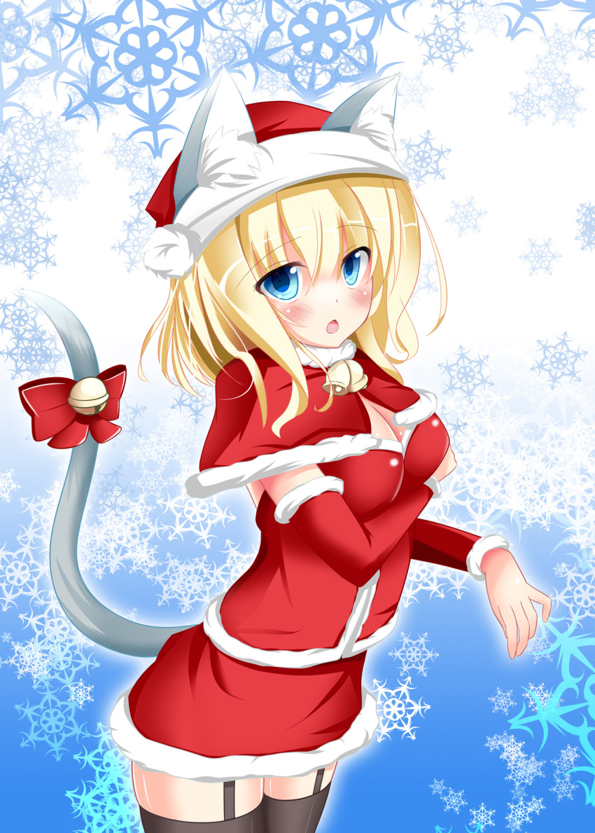 alice_margatroid, animal_ears, black_legwear, blonde_hair, blue_eyes, blush, breasts, cat_ears, cat_tail, cleavage, hat, highres, kemonomimi_mode, kouzuki_fukurou, open_mouth, santa_costume, santa_hat, snowflakes, solo, tail, thigh-highs, thighhighs, touhou