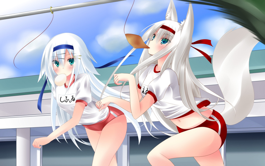 2girls, animal_ears, blush, bread_eating_race, buruma, elvy_frost, fox_ears, fox_tail