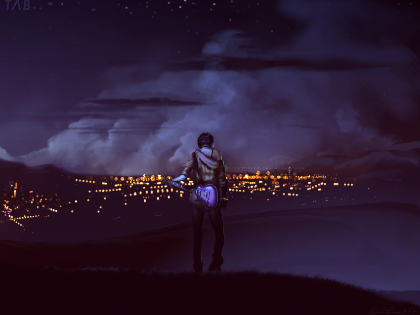 bare_shoulders, bracelet, city_lights, cloud, clouds, from_behind, guitar, highres, instrument, jewelry, night, night_sky, original, short_hair, shorts, sky, thomas_caleb, watermark