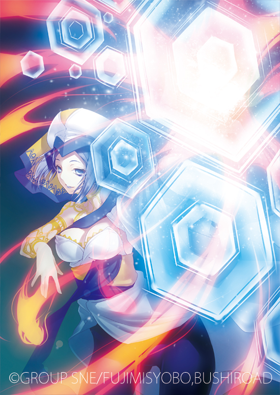 barrier, blue_eyes, blue_hair, dress, fire, hat, monster_collection, nilitsu