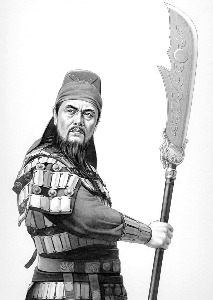 armor, beard, chinese_clothes, facial_hair, glaive, guan_yu, ilmizu, male