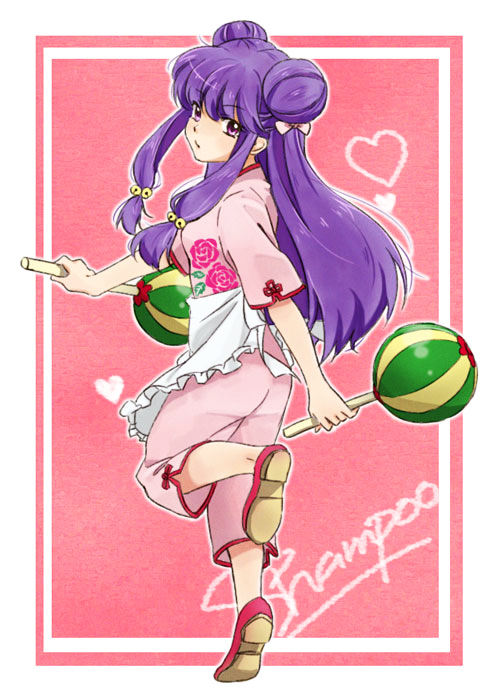 apron, capri_pants, character_name, chinese_clothes, double_bun, long_hair, mace, mirin_(youton_jou)