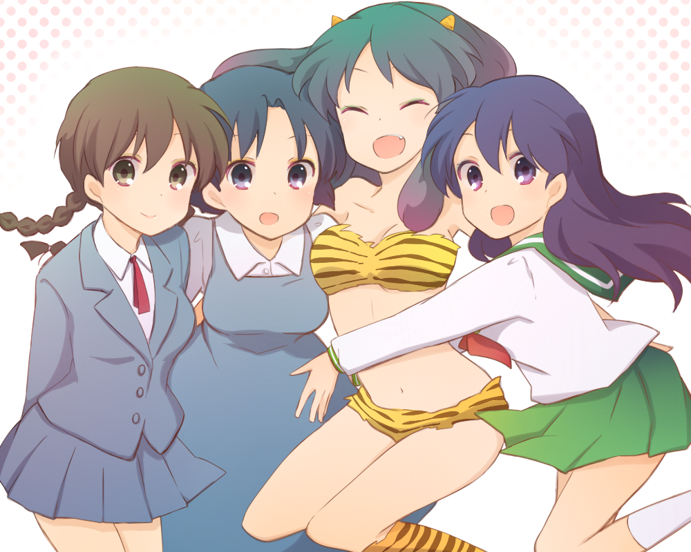 bikini, black_hair, blue_hair, braid, brown_eyes, brown_hair, closed_eyes, creator_connection
