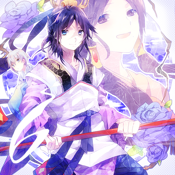2boys, blue_eyes, chinese_clothes, flower, long_hair, magi_the_labyrinth_of_magic, multiple_boys, polearm