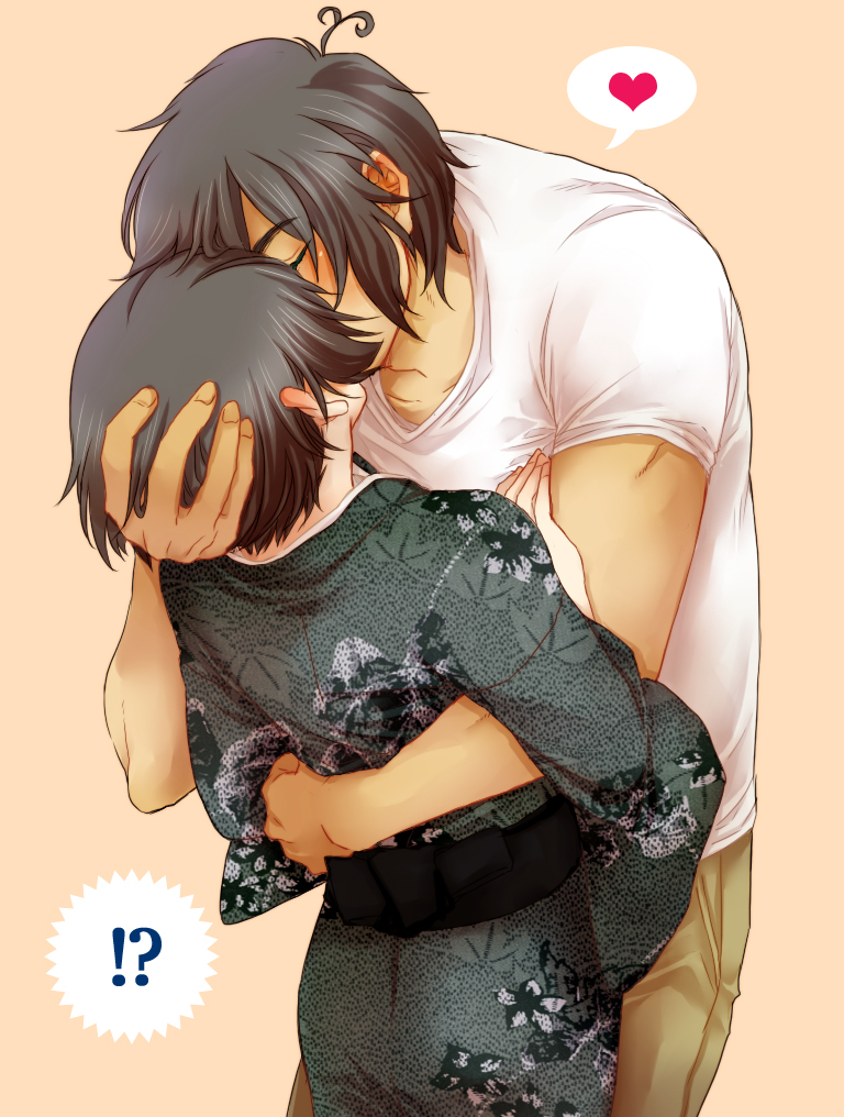 2boys, ahoge, axis_powers_hetalia, black_hair, closed_eyes, eyes_closed, from_behind, greece_(hetalia), heart, hug, japan_(hetalia), japanese_clothes, kimono, kiss, kyouko_(roughplus), male, multiple_boys, short_hair, speech_bubble, surprised, yaoi