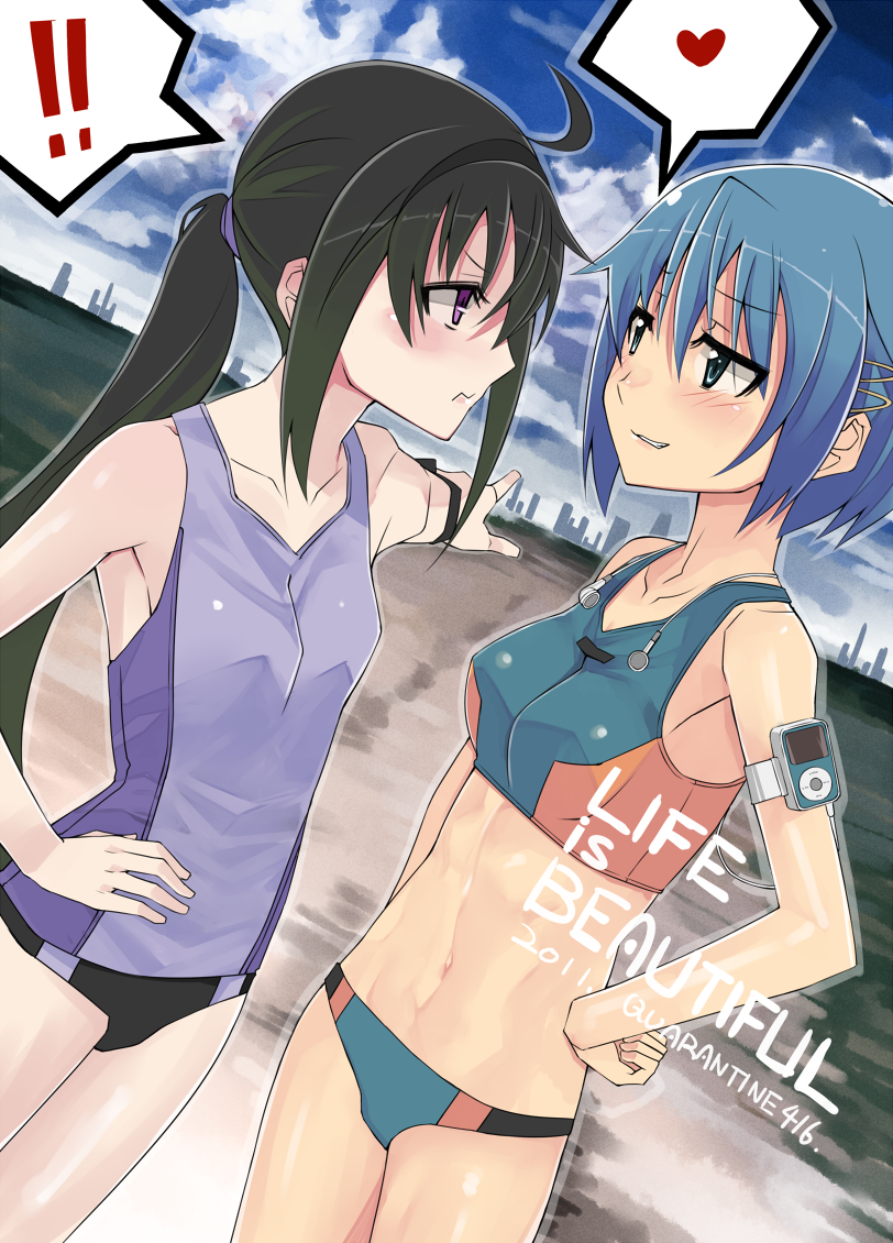 ahoge, akemi_homura, alternate_hairstyle, armpits, black_hair, blue_eyes, blue_hair, buruma, collarbone, digital_media_player, earphones, grin, hair_ornament, hairclip, heart, ipod, kawaguchi_yukihiro, long_hair, mahou_shoujo_madoka_magica, midriff, miki_sayaka, multiple_girls, navel, pointing, ponytail, purple_eyes, short_hair, smile, spoken_heart, sports_bikini, sports_bra, violet_eyes