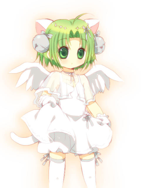 ahoge, angel_wings, animal_ears, bell, capelet, cat_ears, cat_tail, dejiko, di_gi_charat, dress, dress_lift, gloves, green_eyes, green_hair, hair_ornament, hoge8328, no_hat, no_headwear, no_nose, ribbon_choker, see-through, short_dress, short_hair, solo, tail, thigh-highs, thighhighs, white, white_background, white_dress, white_gloves, white_legwear, wings, zettai_ryouiki