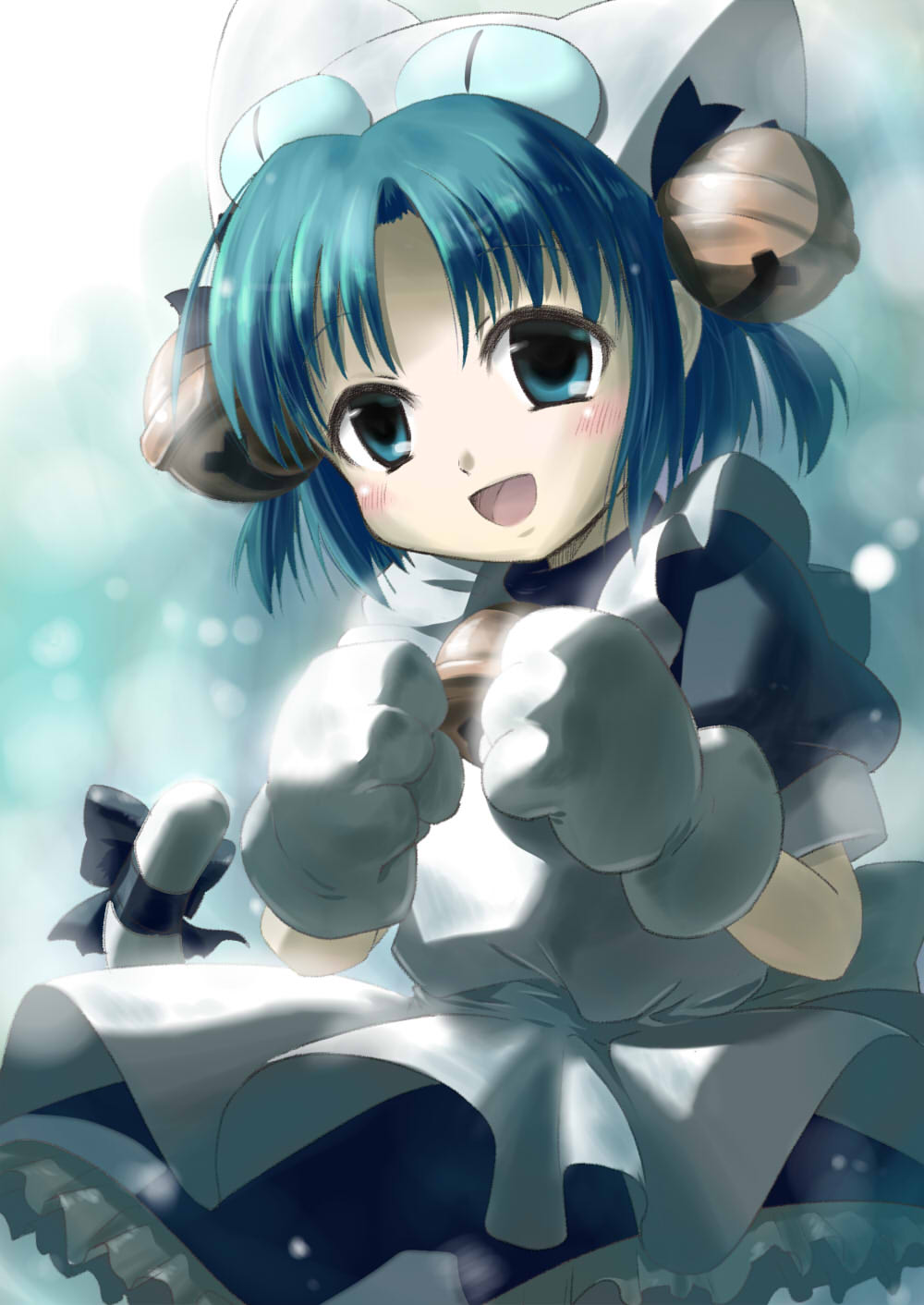 :d, alternate_eye_color, alternate_hair_color, animal_ears, anzu_yoshihiro, apron, bell, blue