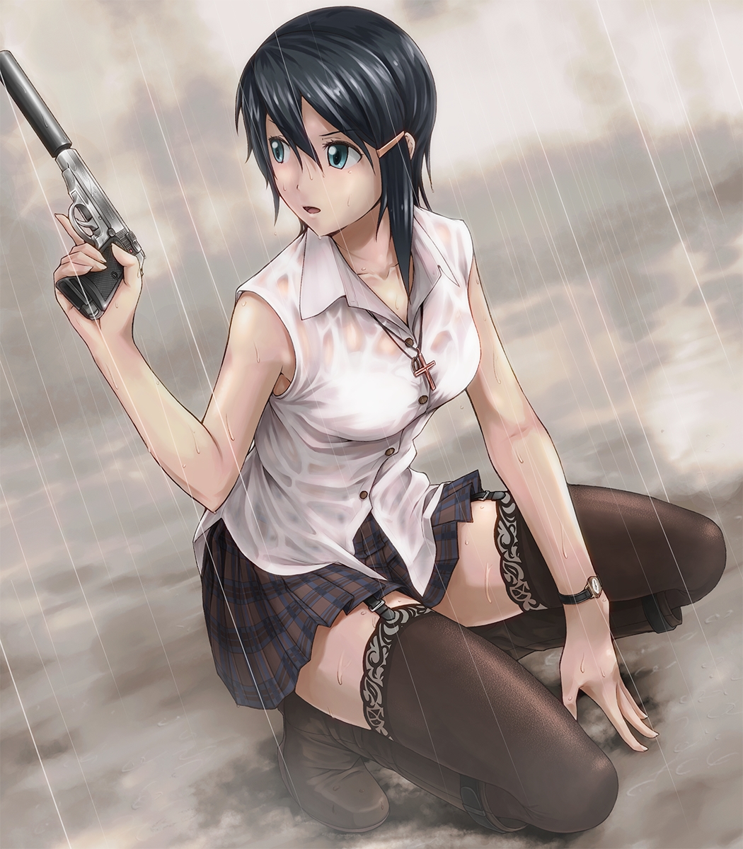 blue_eyes, blue_hair, boots, bra, breasts, cross, doku_hebi, garters, gun, hair_ornament, hairclip, handgun, highres, idolmaster, idolmaster_dearly_stars, jewelry, lace, lace-trimmed_thighhighs, mizutani_eri, necklace, open_mouth, rain, see-through, short_hair, skirt, solo, squatting, suppressor, thighhighs, trigger_discipline, underwear, walther_ppk, watch, weapon, wet, wet_clothes