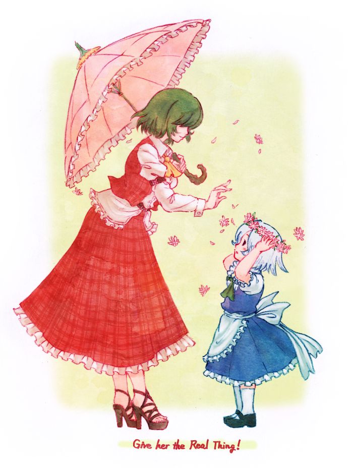 apron, arms_up, artificial_flower, ascot, blue_dress, child, colored_pencil_(medium), commentary