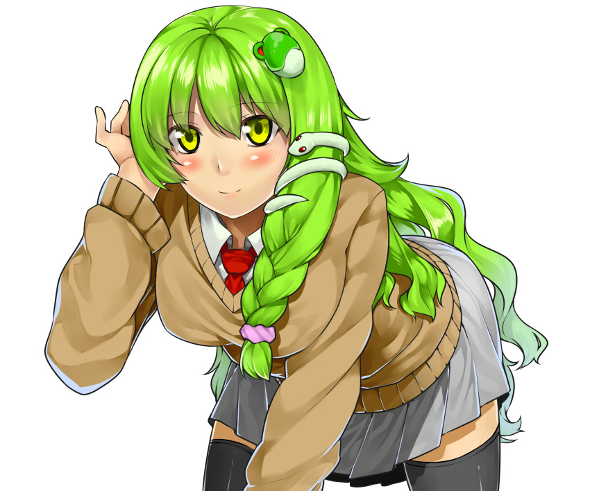 artist_request, blush, braid, breasts, cardigan, frog_hair_ornament, green_hair, hair_ornament