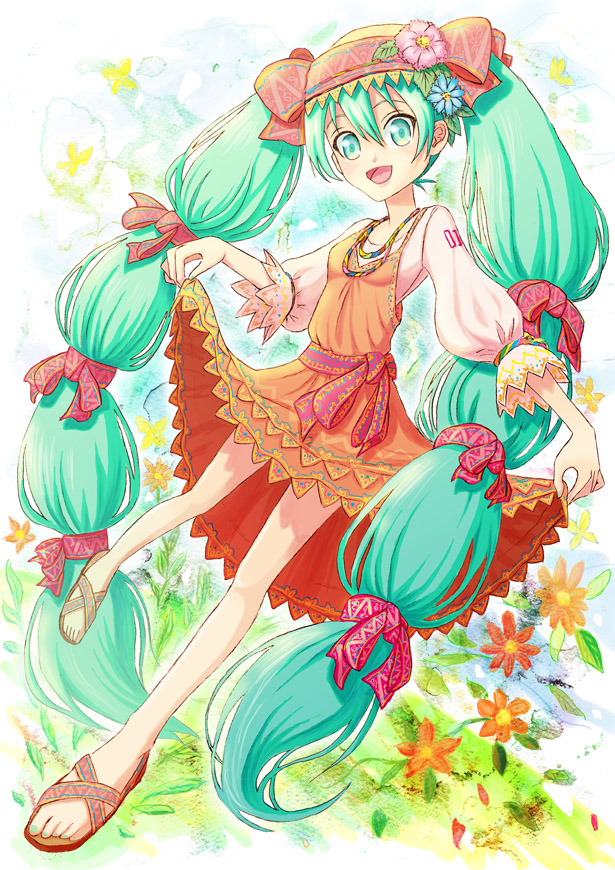 dress, flower, green_eyes, green_hair, hatsune_miku, jewelry, long_hair, necklace
