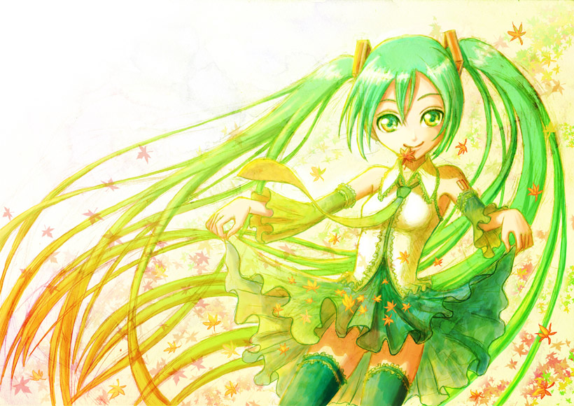 detached_sleeves, green_eyes, green_hair, hatsune_miku, leaf, long_hair, necktie, pavelnedved11