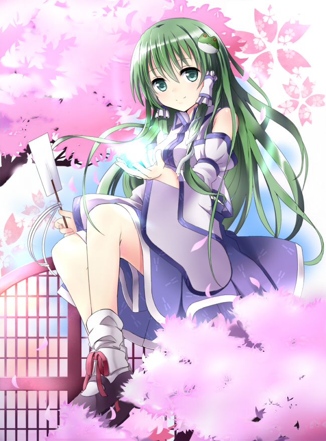 detached_sleeves, frog_hair_ornament, green_eyes, green_hair, hair_ornament, hair_tubes, kochiya_sanae, long_hair