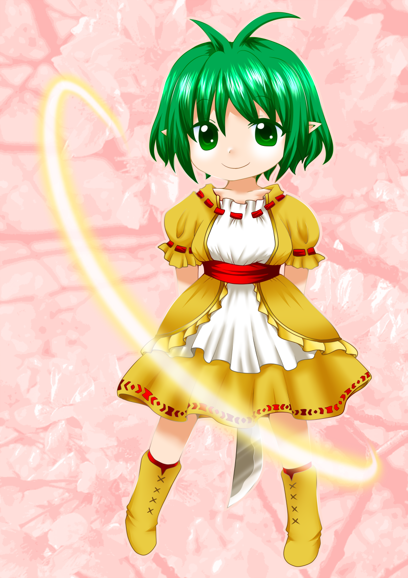 1girl, antenna_hair, arms_behind_back, boots, chibi, dress, fairy, fairy_bloom_freesia, freesia, green_eyes, green_hair, machete, pointy_ears, ragosupi_(ragospi), short_hair, smile, solo, yellow_dress