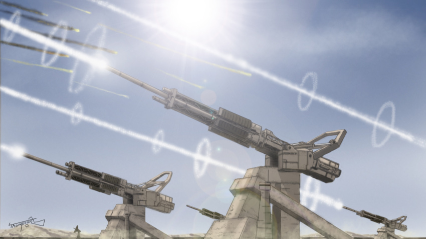 ace_combat_04, artist_name, building, cannon, condensation_trail, firing, lens_flare, meteor