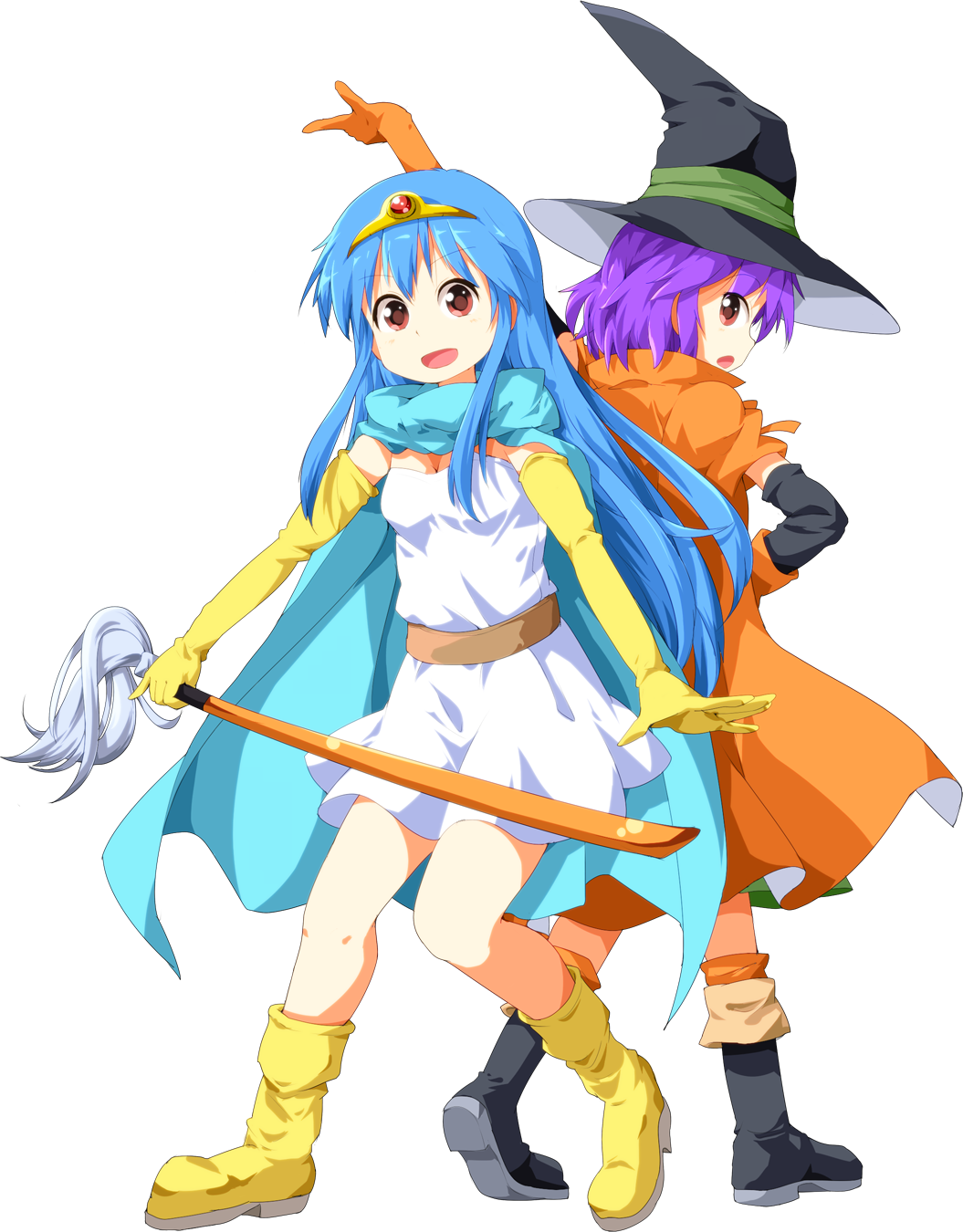 alternate_costume, back-to-back, belt, blue_hair, boots, cape, circlet, cosplay