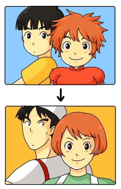 artist_request, black_hair, brown_eyes, character_request, company_connection, couple, creator_connection, fukuo, gake_no_ue_no_ponyo, majo_no_takkyuubin, orange_hair, osono, ponyo, sosuke, studio_ghibli