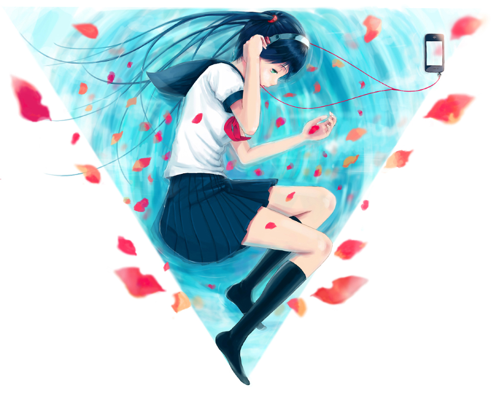 headphones, kneehighs, leaf, long_hair, lying, original, zakura_ryo