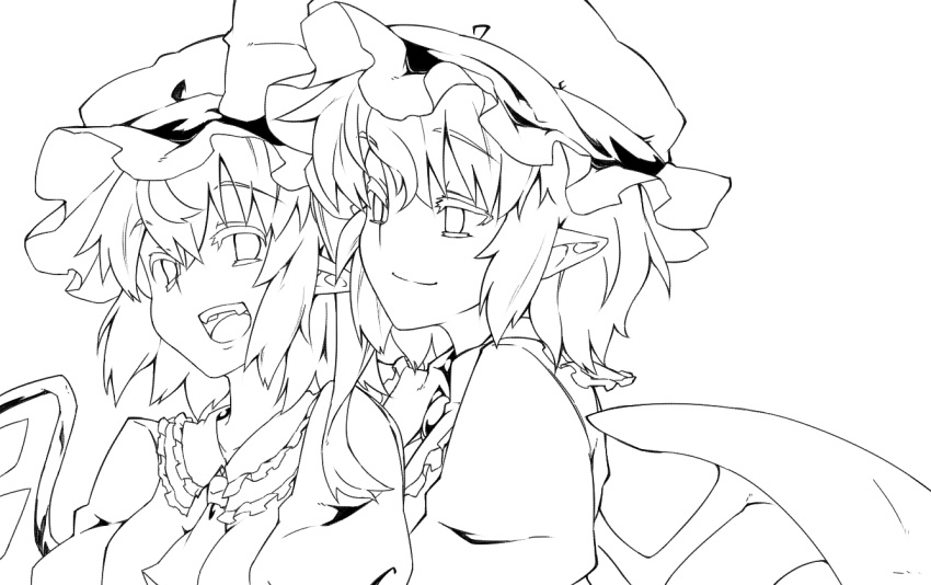 bad_id, bat_wings, flandre_scarlet, gen_ariyoshi, hat, lineart, monochrome, multiple_girls