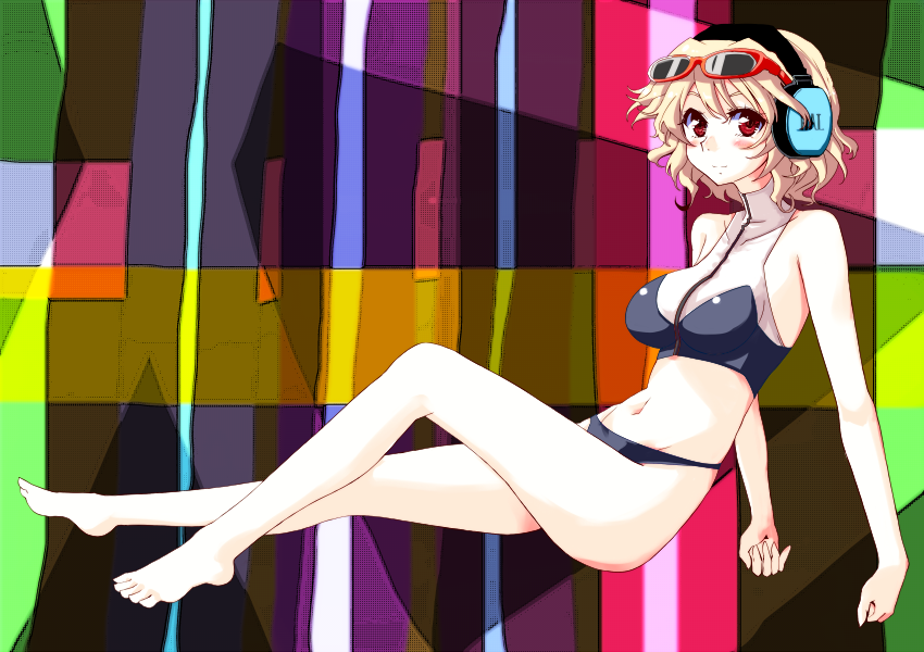 bikini, blonde_hair, blush, feet, hal_(pani_poni), headphones, pani_poni_dash!, red_eyes