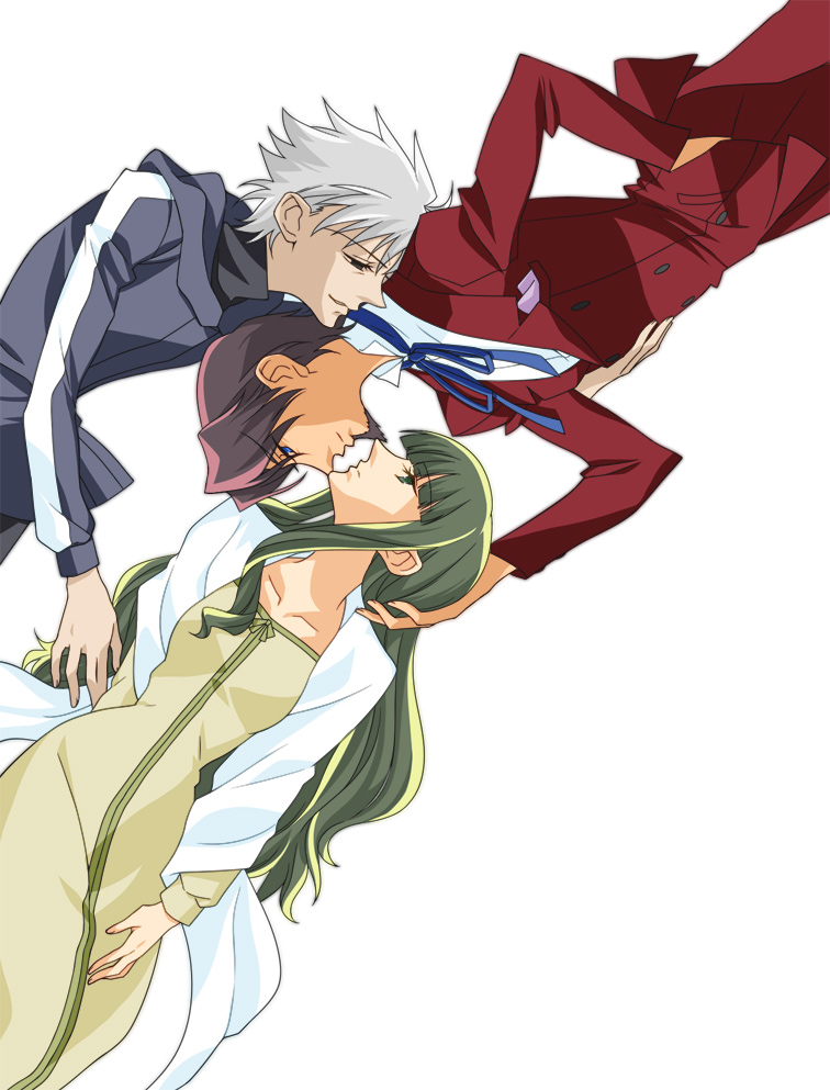 1girl, 2boys, black_eyes, blue_eyes, brown_hair, facial_hair, fate/zero, fate_(series), goatee, green_eyes, green_hair, hazuki_jun, hoodie, long_hair, matou_kariya, multiple_boys, parody, shoujo_kakumei_utena, style_parody, tohsaka_aoi, tohsaka_tokiomi, toosaka_aoi, toosaka_tokiomi, white_hair