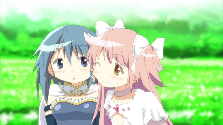 2girls, blue_eyes, blue_hair, blush, cape, cheek-to-cheek, cheek_press, goddess_madoka