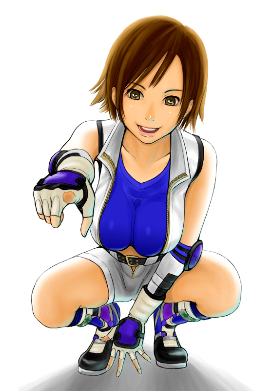 :d, boots, breasts, brown_eyes, brown_hair, crop_top, elbow_pads, fingerless_gloves