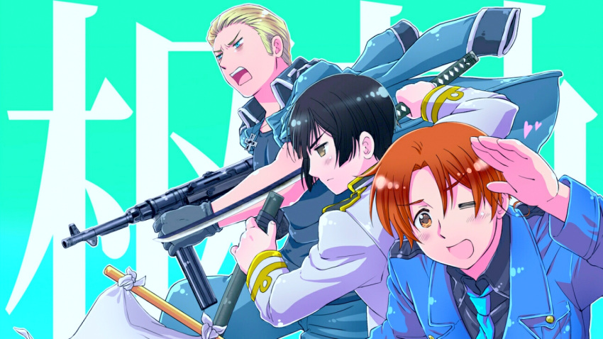 axis, axis_powers_hetalia, germany_(hetalia), gun, hetalia, italy_(hetalia), japan_(hetalia), sword, weapon