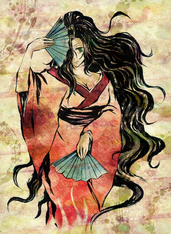 breasts, cleavage, fan, faux_traditional_media, green_eyes, hair_over_one_eye, japanese_clothes, kejourou, kimono, long_hair, nisikawa, nurarihyon_no_mago, solo, very_long_hair