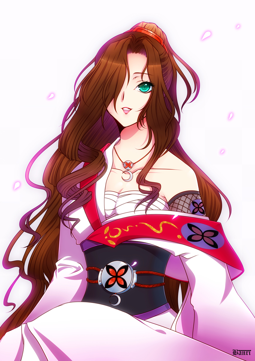 artist_name, bandage, bandages, banri, breasts, brown_hair, cleavage, collarbone, crescent, green_eyes, hair_over_one_eye, highres, japanese_clothes, jewelry, kejourou, kimono, lipstick, long_hair, long_sleeves, makeup, necklace, nurarihyon_no_mago, off_shoulder, petals, sarashi, smile, solo, very_long_hair
