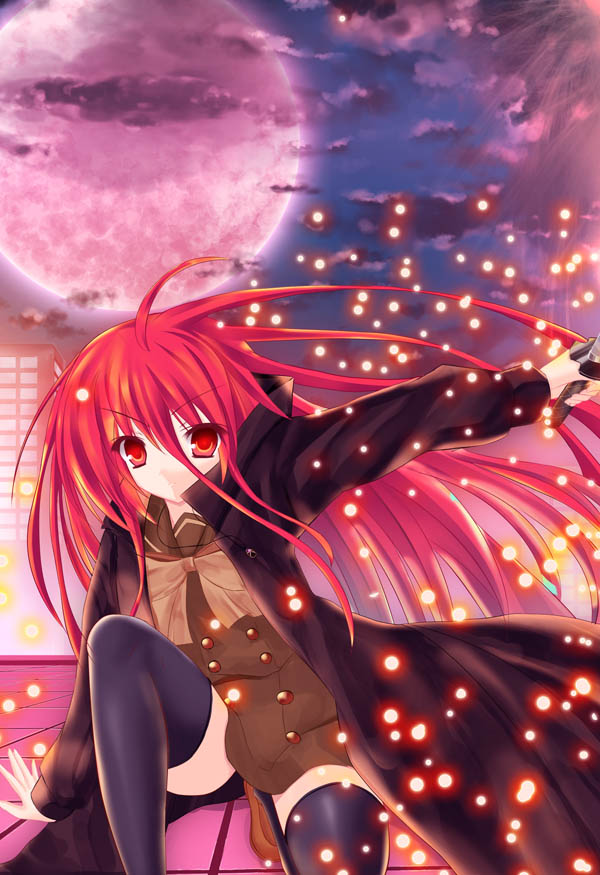 abejunabe, ahoge, coat, embers, long_hair, moon, red_eyes, red_hair, red_moon, redhead, school_uniform, serafuku, shakugan_no_shana, shana