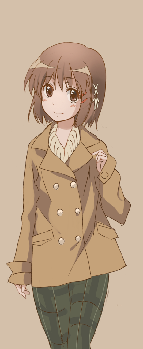 brown_eyes, brown_hair, coat, mokkei, plaid, plaid_pants, shakugan_no_shana, short_hair