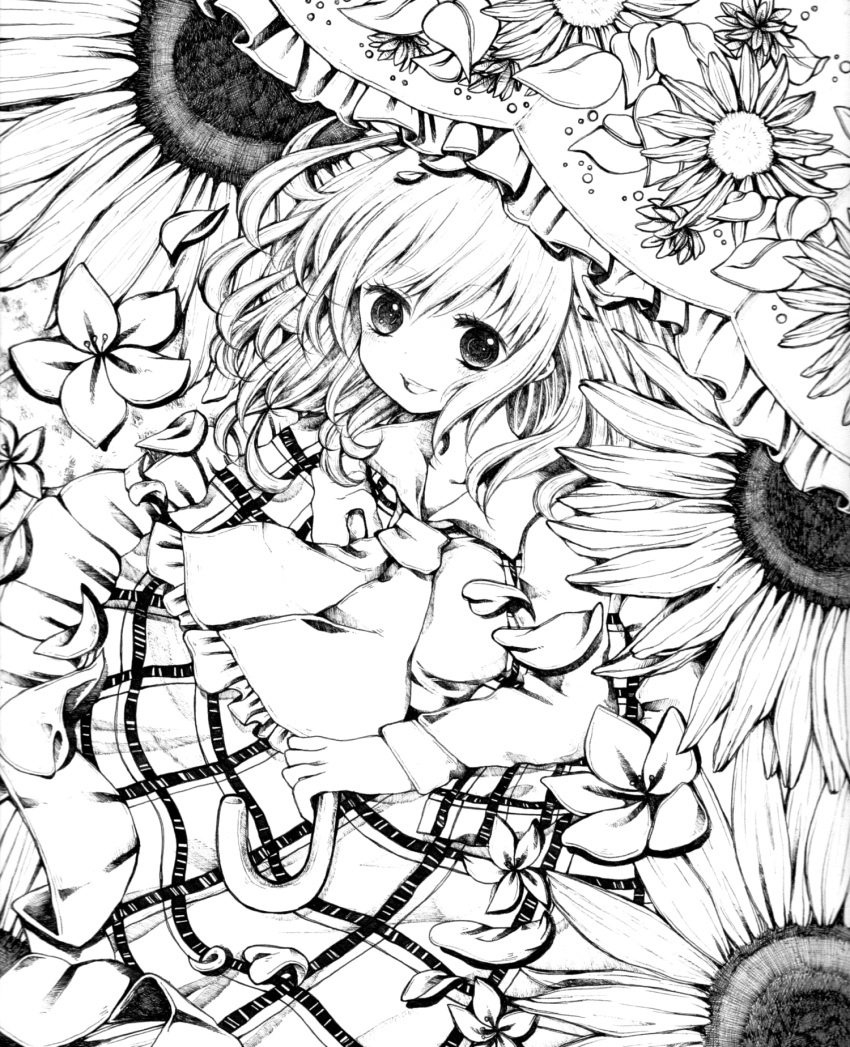ascot, dress, flower, highres, jirou, jirou_(chekoro), kazami_yuuka, monochrome