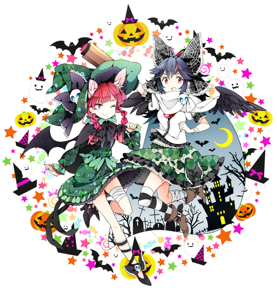 2girls, animal_ears, arm_cannon, bandage, bandages, bat, black_hair, boots