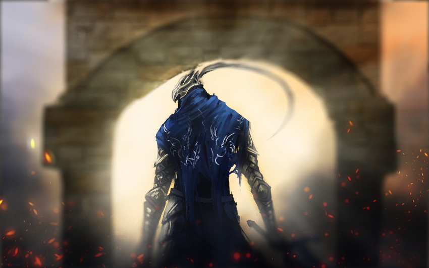 artorias_the_abysswalker, cape, dark_souls, helmet, highres, james_dizon, looking_back, sword, weapon