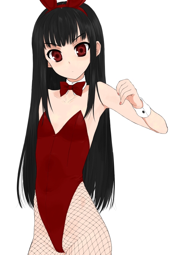 baby_princess, black_hair, bunny_ears, bunny_girl, bunnysuit, fishnet_pantyhose, fishnets, flat_chest