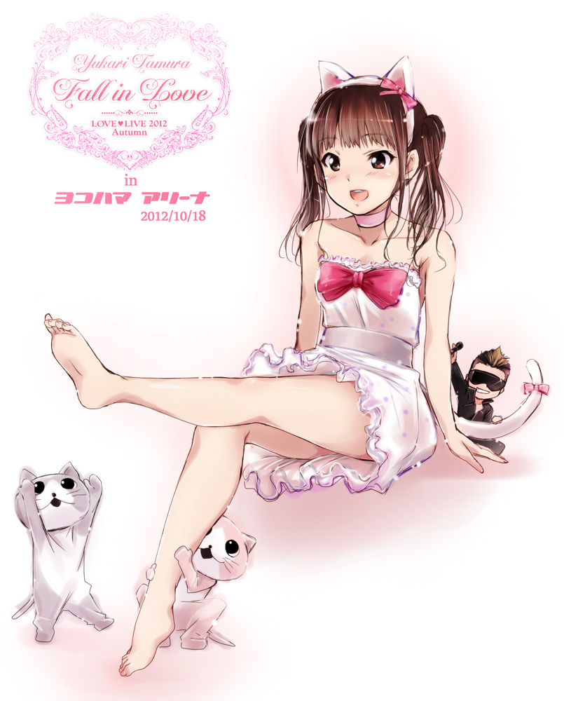 :d, animal_ears, barefoot, blush, bow, brown_eyes, brown_hair, cat
