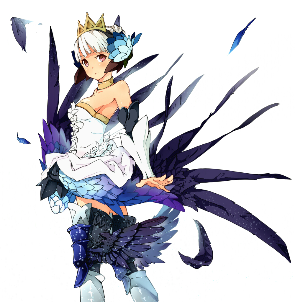 armor, armored_dress, bare_shoulders, boots, breasts, choker, crown, detached_sleeves, dress, feathers, gwendolyn, hair_ornament, looking_at_viewer, mochi_hanpen, odin_sphere, purple_eyes, short_hair, solo, thigh-highs, thighhighs, violet_eyes, white_hair, wings