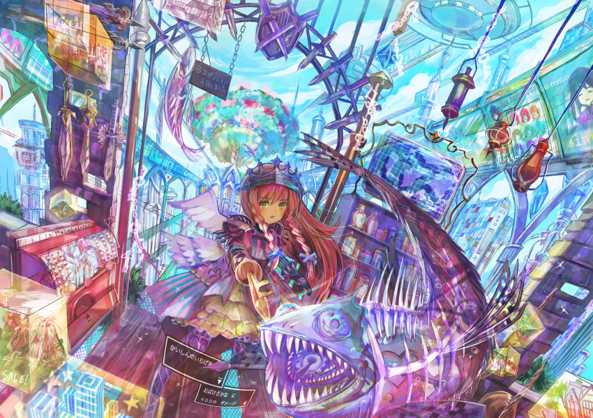 armor, armored_dress, ay@se, blush, bottle, braid, colorful, crown
