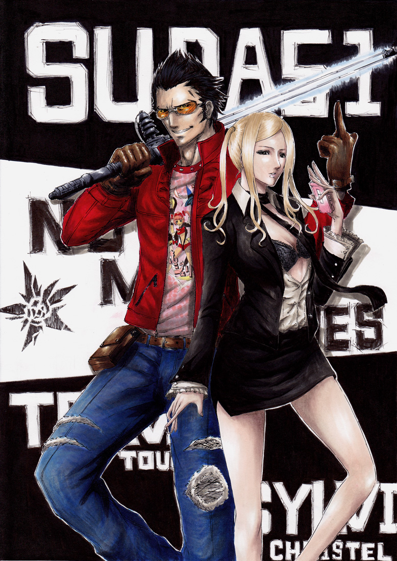 1girl, black_bra, blonde_hair, bra, breasts, cleavage, clothes_writing, energy_sword, gloves, grin, height_difference, jeans, leather_jacket, long_hair, marker_(medium), middle_finger, miniskirt, mugetsu2501, nib_pen_(medium), no_more_heroes, pure_white_lover_bizarre_jelly, skirt, smile, sunglasses, sword, sylvia_christel, t-shirt, tape_recorder, torn_clothes, torn_jeans, traditional_media, travis_touchdown, underwear, weapon