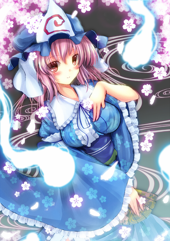 fan, ghost, haruno_nanakusa, hat, looking_at_viewer, pink_eyes, pink_hair, saigyouji_yuyuko