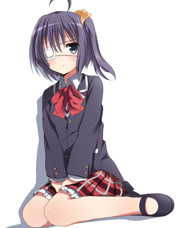 ahoge, blue_eyes, chuunibyou_demo_koi_ga_shitai!, eyepatch, miya, no_socks, plaid, plaid_skirt